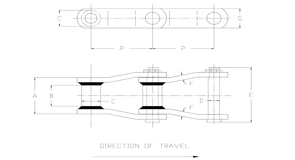 engineering drawing of WH124/WHX124 Welded Steel Mill Chain 4.00 Pitch showing direction of travel