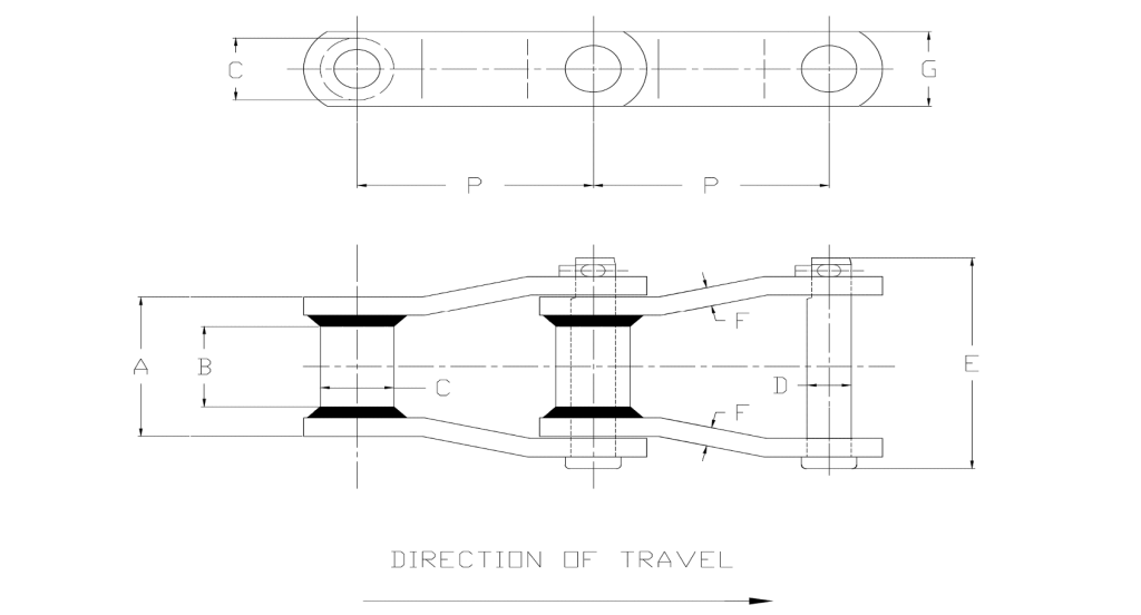 engineering drawing of WH132/WHX132 Welded Steel Mill Chain 6.05 Pitch showing direction of travel