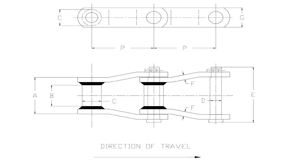 engineering drawing of WH157/WHX157 Welded Steel Mill Chain 6.05 Pitch showing direction of travel