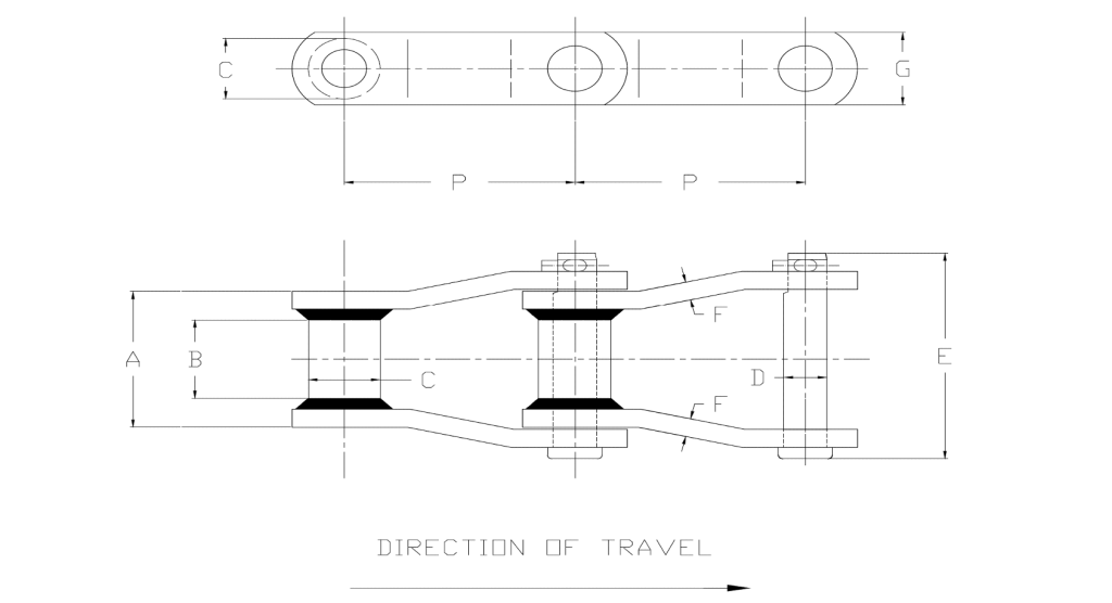 engineering drawing of WH78 Welded Steel Mill Chain 2.609 Pitch showing direction of travel