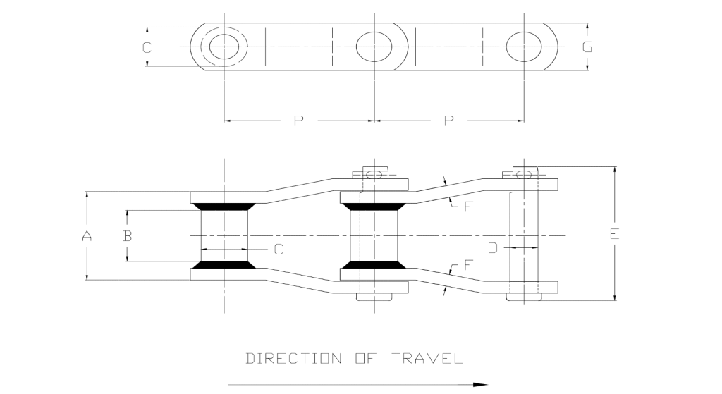 engineering drawing of WH82 Welded Steel Mill Chain 3.075 Pitch showing direction of travel